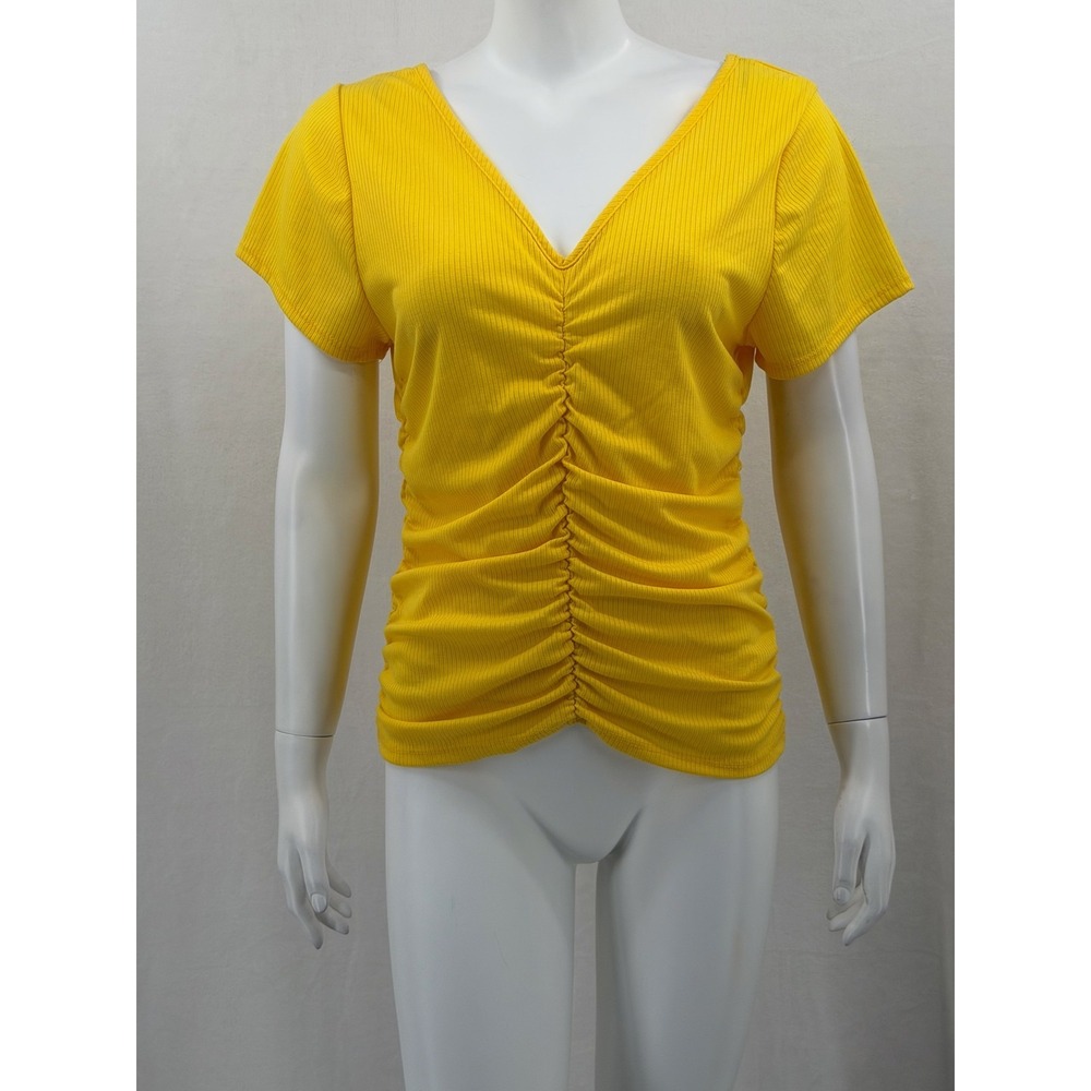 Rainbow Top Womens 1X Yellow Ruched V-Neck Short Sleeve Stretch Knit Y2K Summer